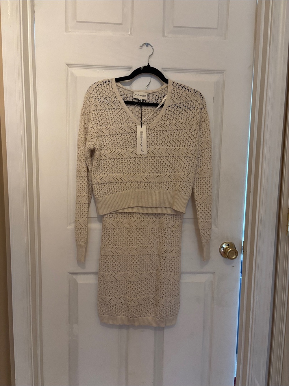 Open-Knit V-Neck Sweater in Light Cream with matching crochet maxi skirt